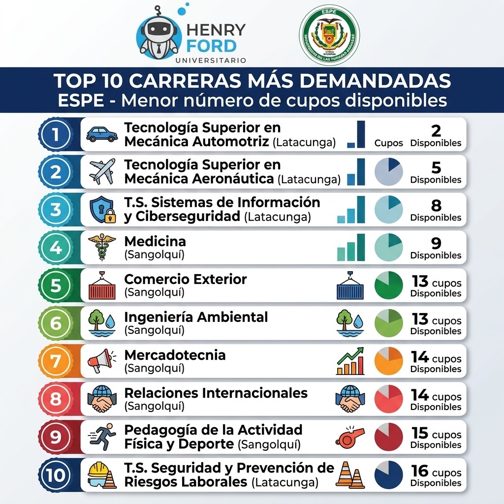 Infografía oficial: Top 10 carreras más demandadas de la ESPE con menor número de cupos disponibles